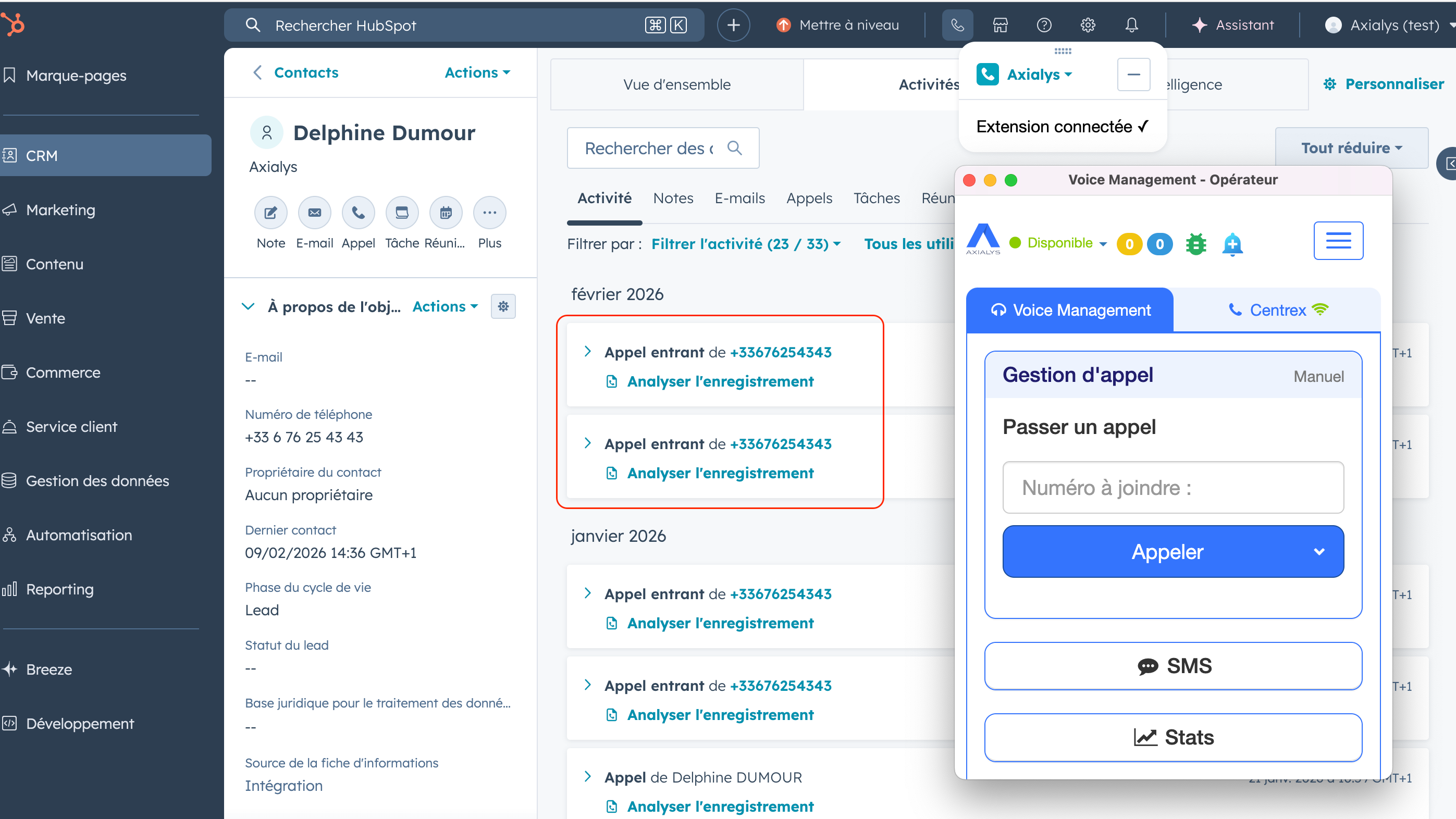 Création d'activité d'appel sur fiche contact